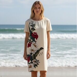 Iolani Hawaii Women Cream Floral Hibiscus Tropical Shift Midi Dress Size M‎ Luau